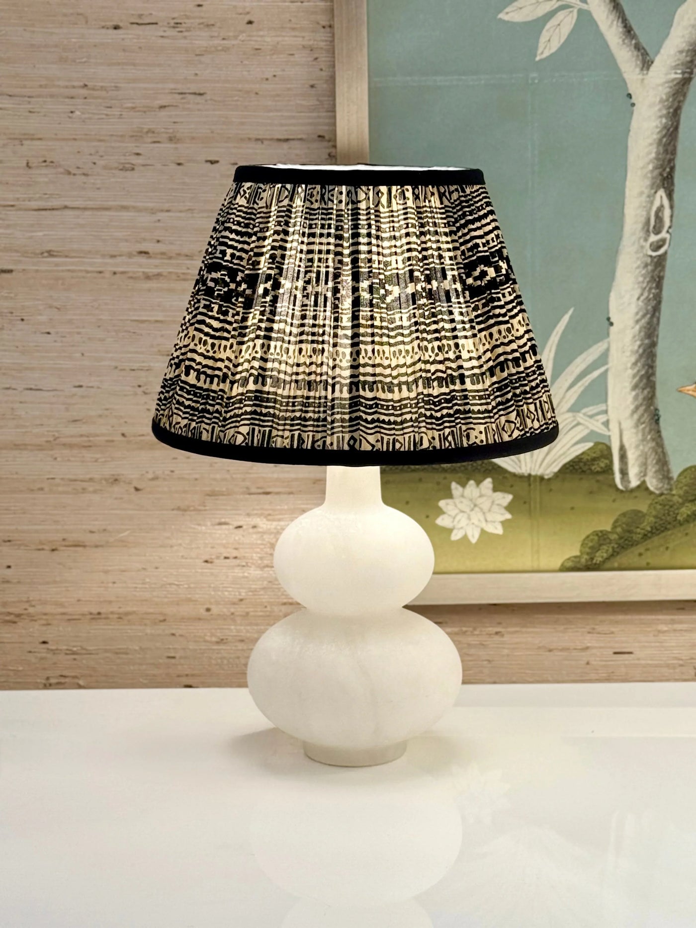 Black & Taupe Geometric Sari Lampshade with Black Silk Trim