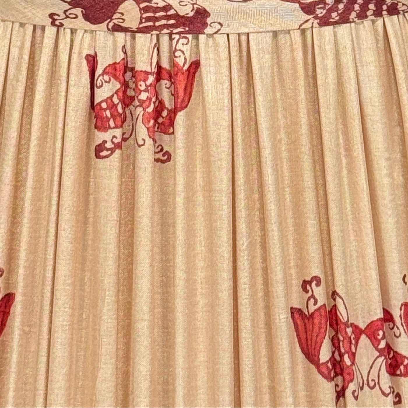 Beige silk lamp shade with red kissing fish print and pleated design