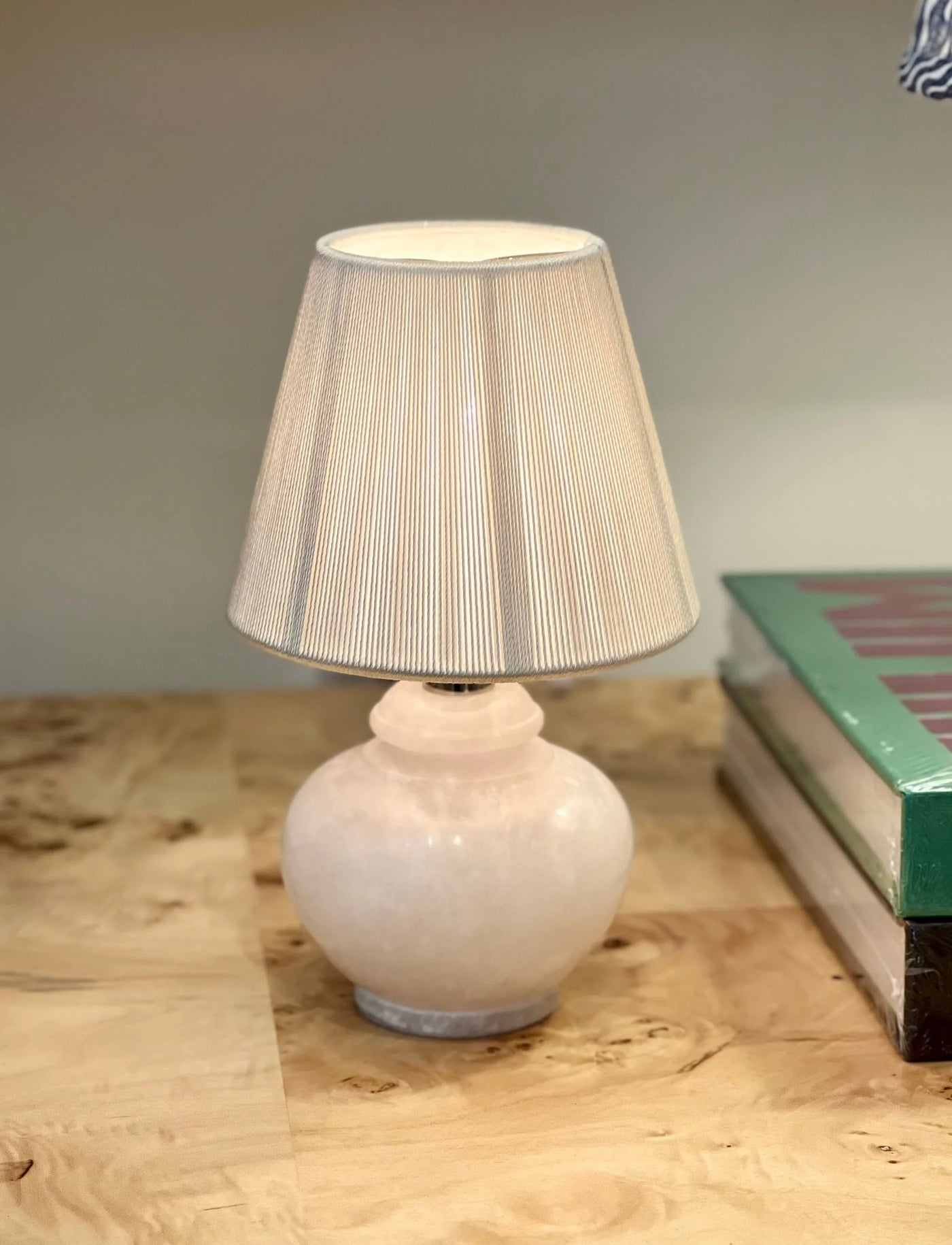 String Chandelier Shade on a mini alabaster lamp