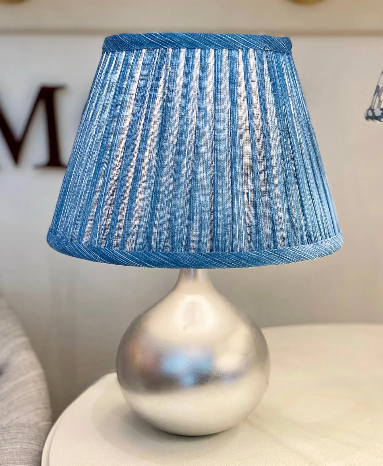 Fermoie Sacre Bleu Lampshade on a mini silver lamp