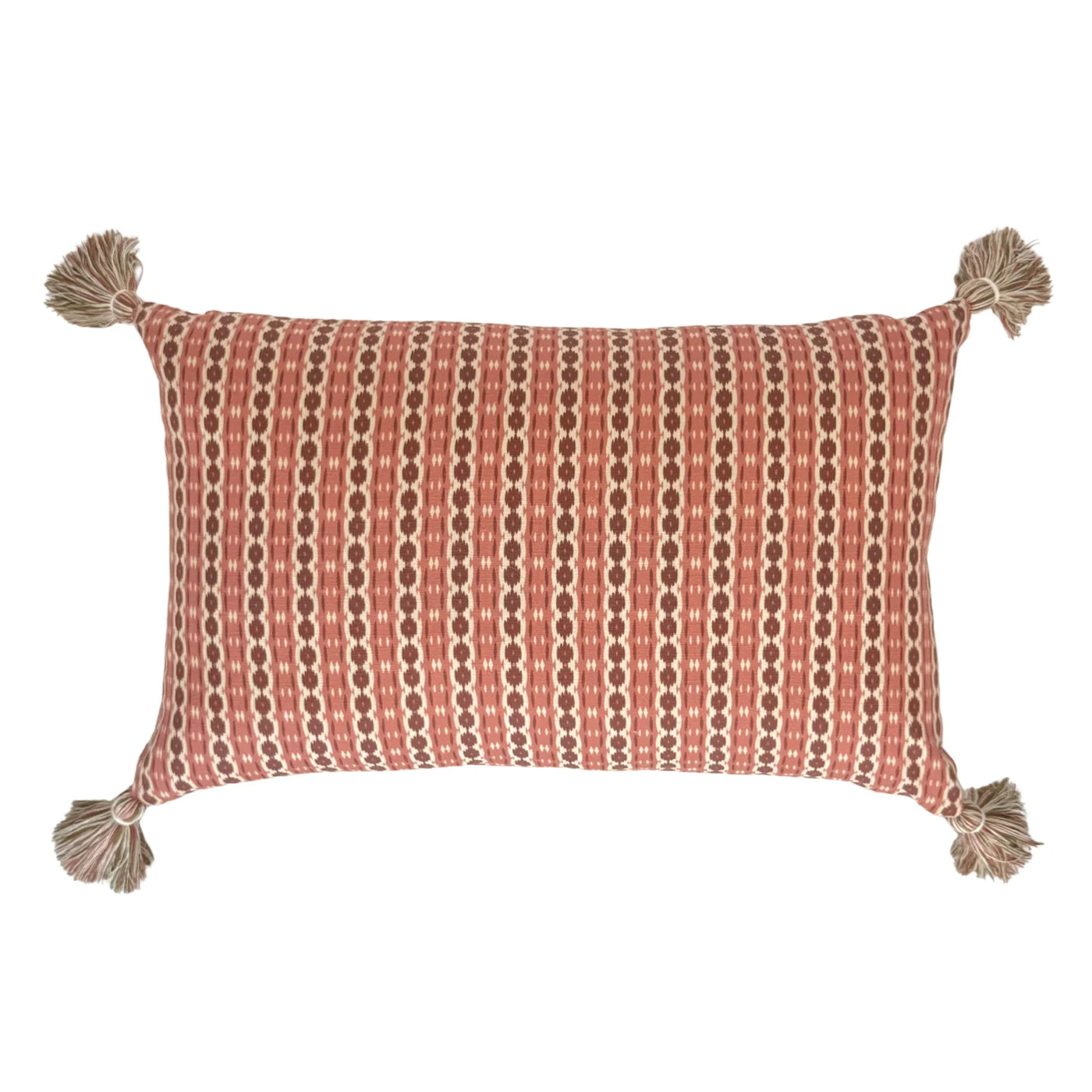 Ian Sanderson Reel Stripe in Red Damson and Elney in Green Bramble Cushion with Red Tassels