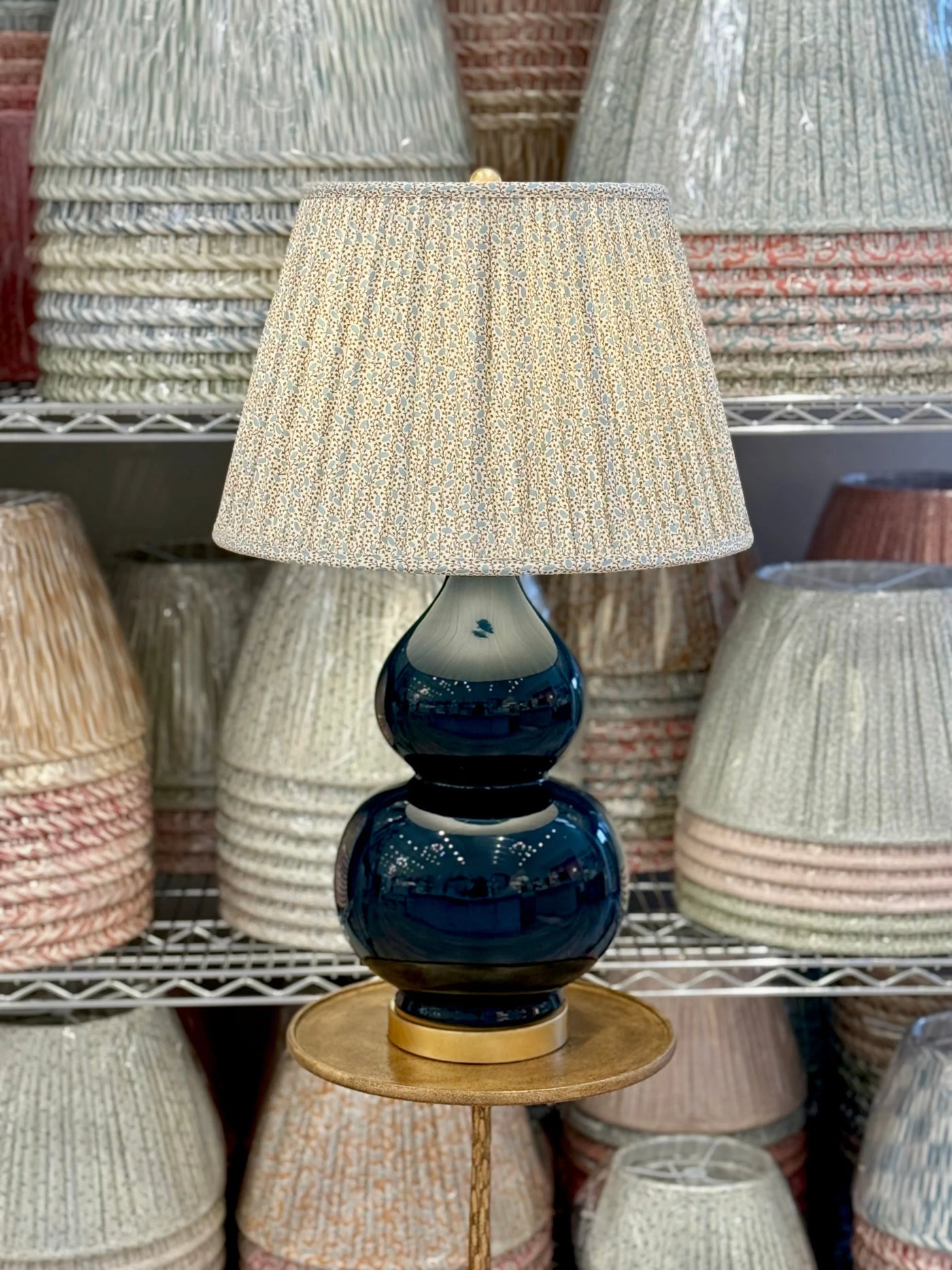 Ian Sanderson Blue Bronze Pinto Lampshade on Madison Navy Ceramic Table Lamp