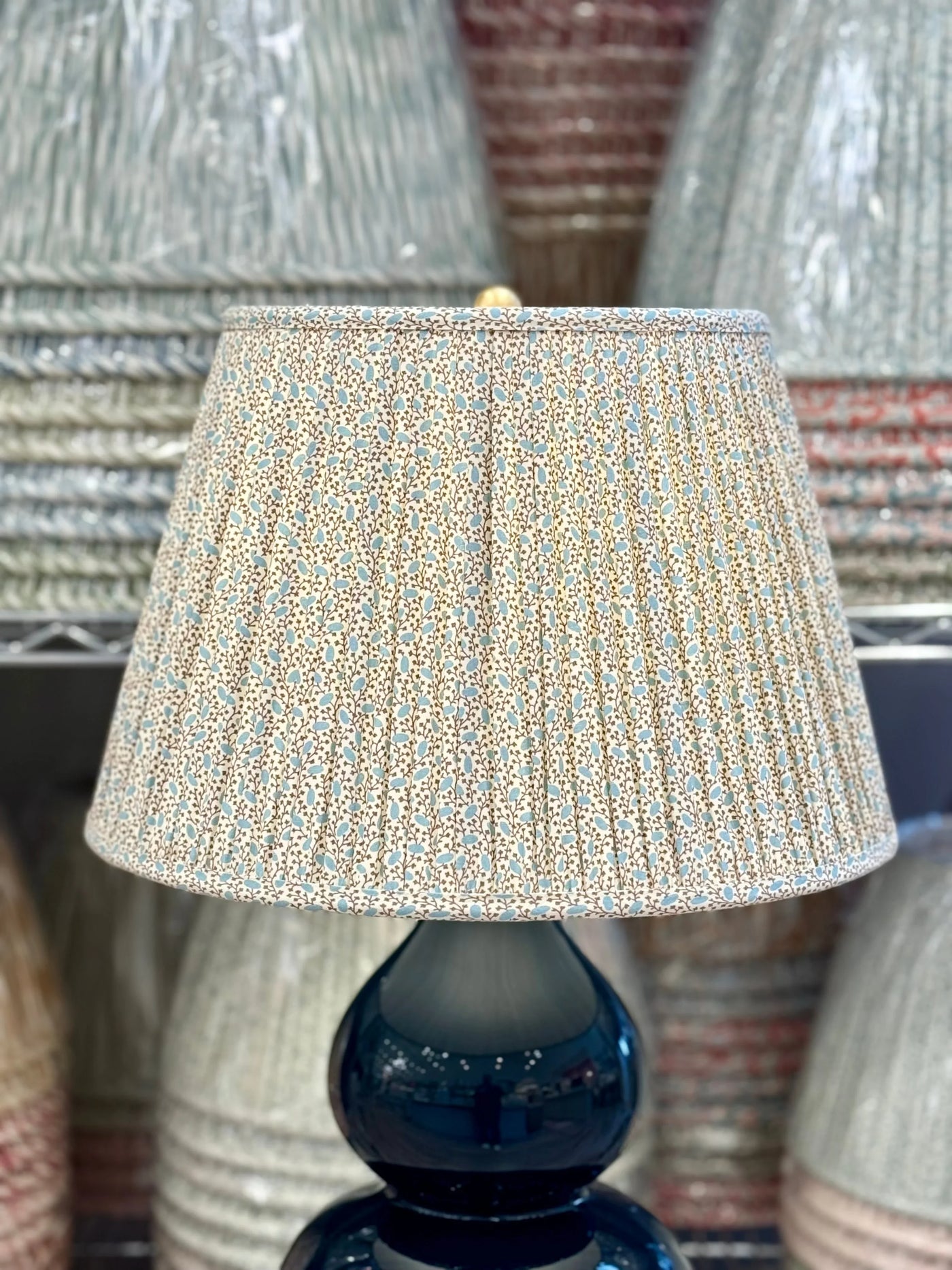 Ian Sanderson Blue Bronze Pinto Lampshade on Madison Navy Ceramic Table Lamp