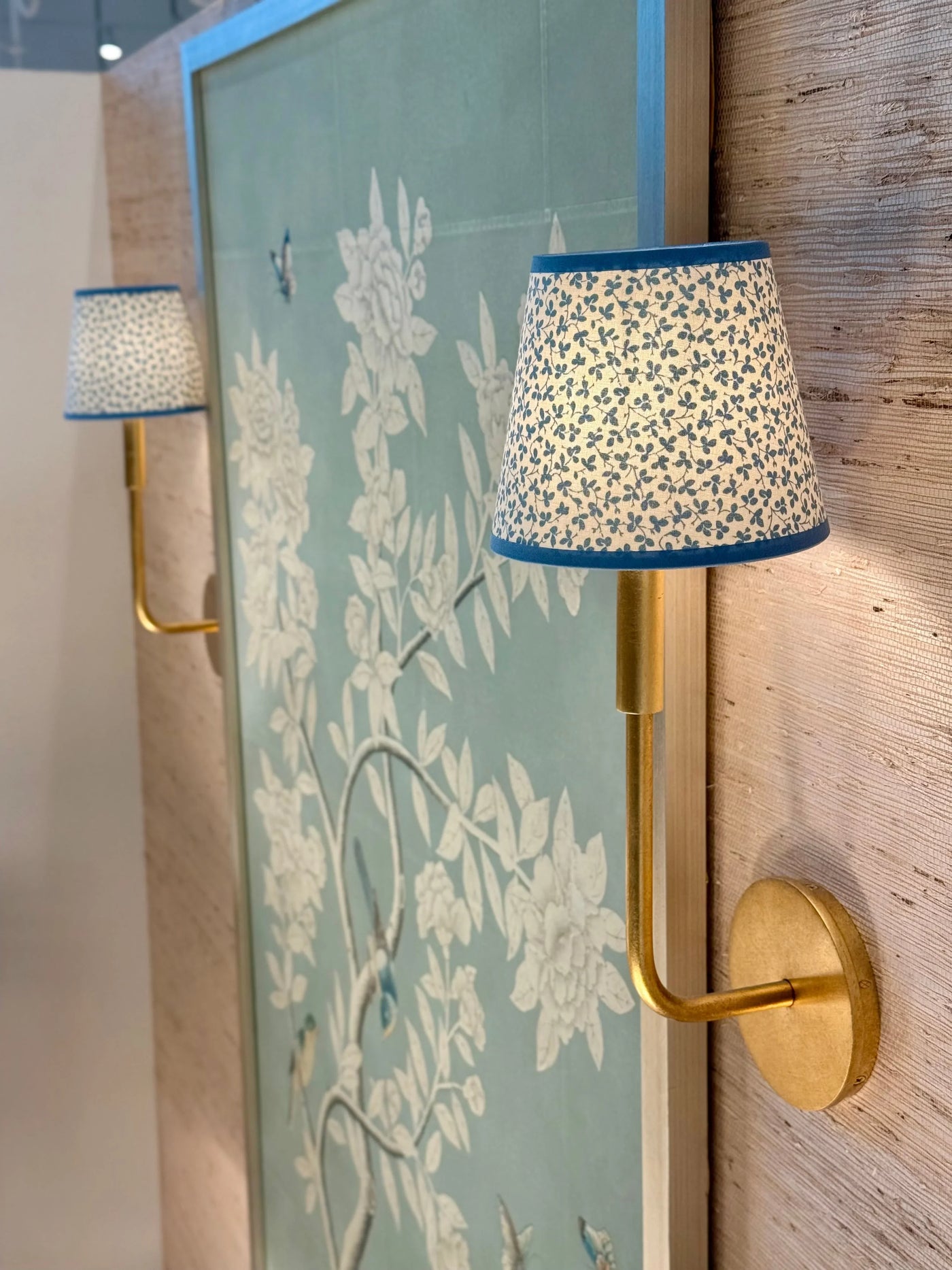 Ian Sanderson Blue Forget-Me-Not Miss Polly Lampshade with Blue Cornflower Trim on gold sconce 