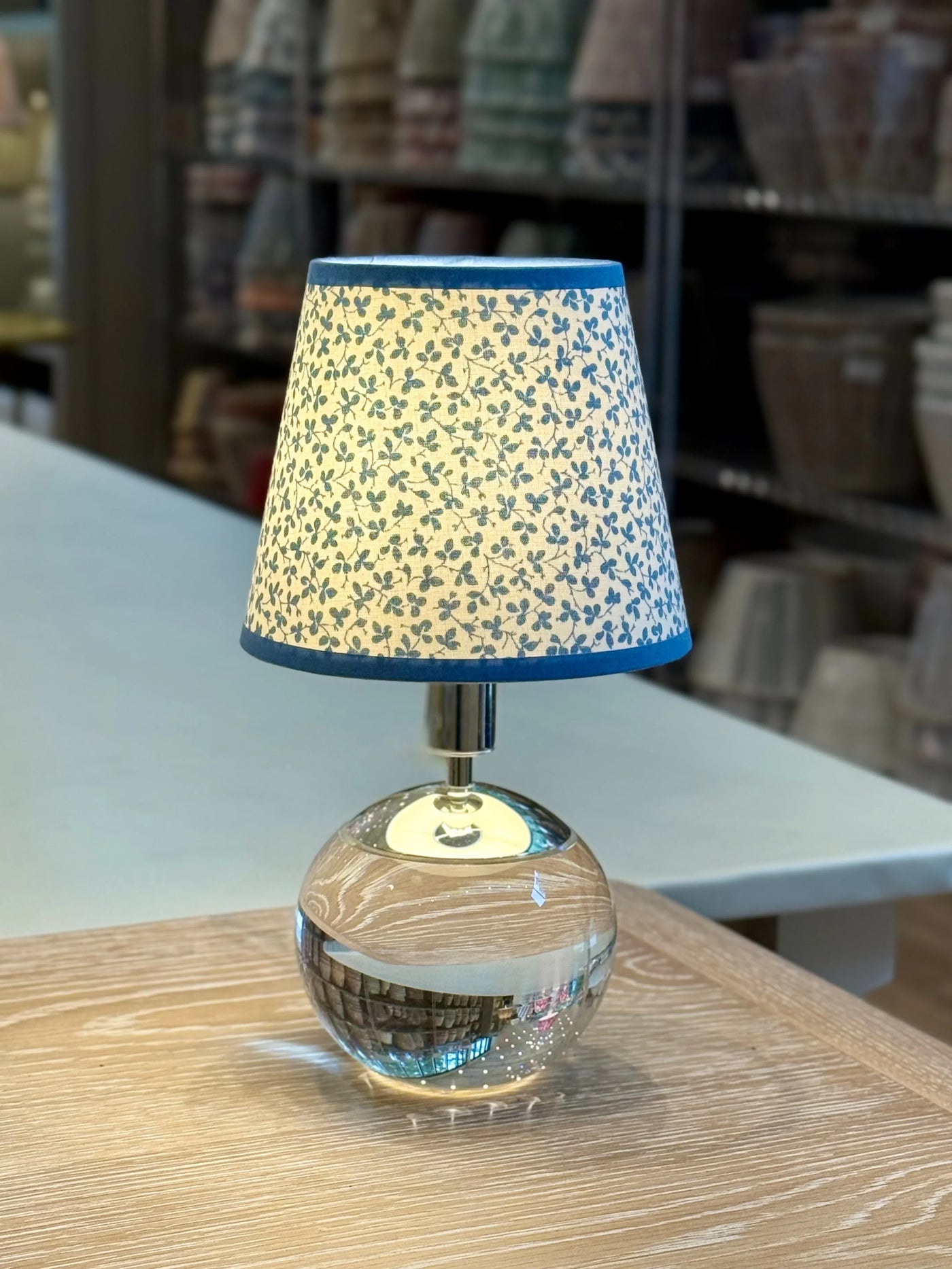 Ian Sanderson Blue Forget-Me-Not Miss Polly Lampshade with Blue Cornflower Trim on tiny crystal lamp