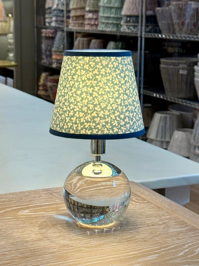 Ian Sanderson Blue Mineral Miss Polly Lampshade with Blue Cadet Trim on tiny crystal lamp