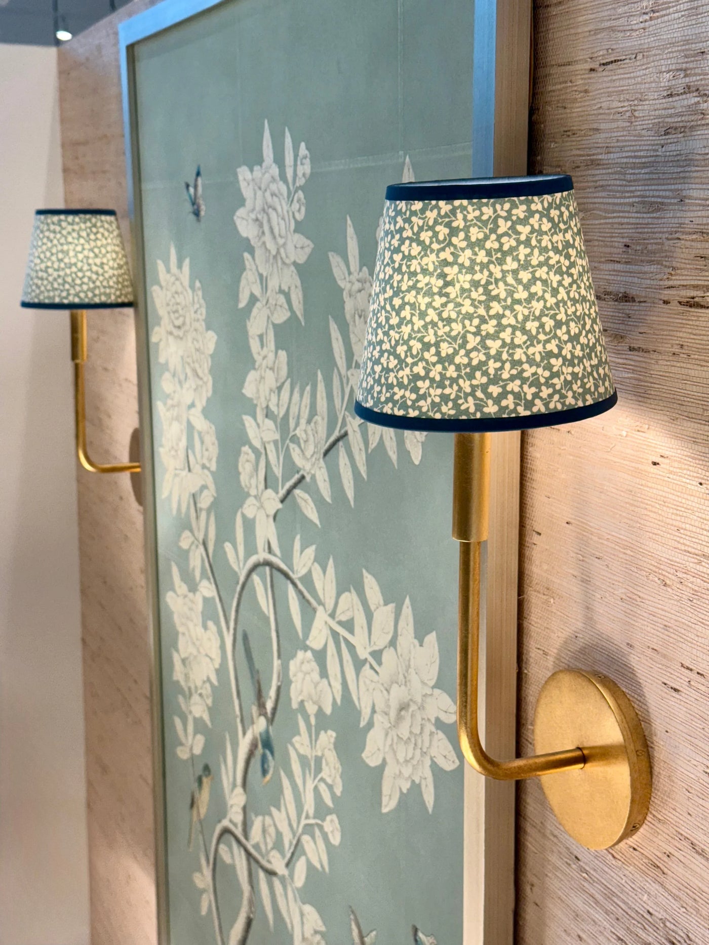 Ian Sanderson Blue Mineral Miss Polly Lampshade with Blue Cadet Trim on gold sconce 