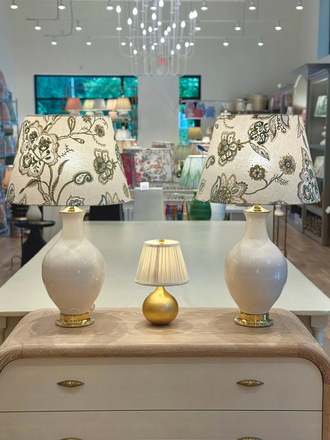 Ian Sanderson Chalk Hill Blue Shiraz Embroidered White Lampshade on white athens lamps