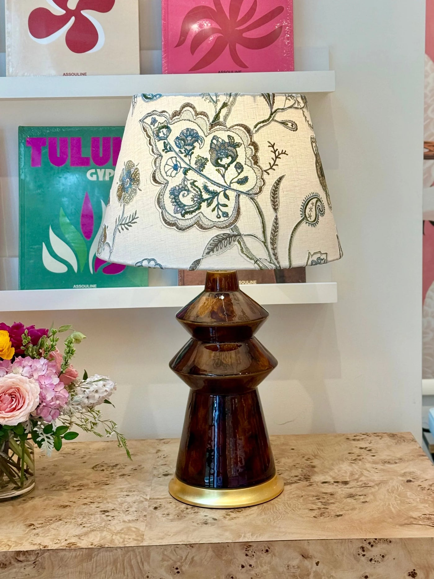 Ian Sanderson Chalk Hill Blue Shiraz Embroidered White Lampshade on Hwang Bishop Malibu Table Lamp in Tortoise