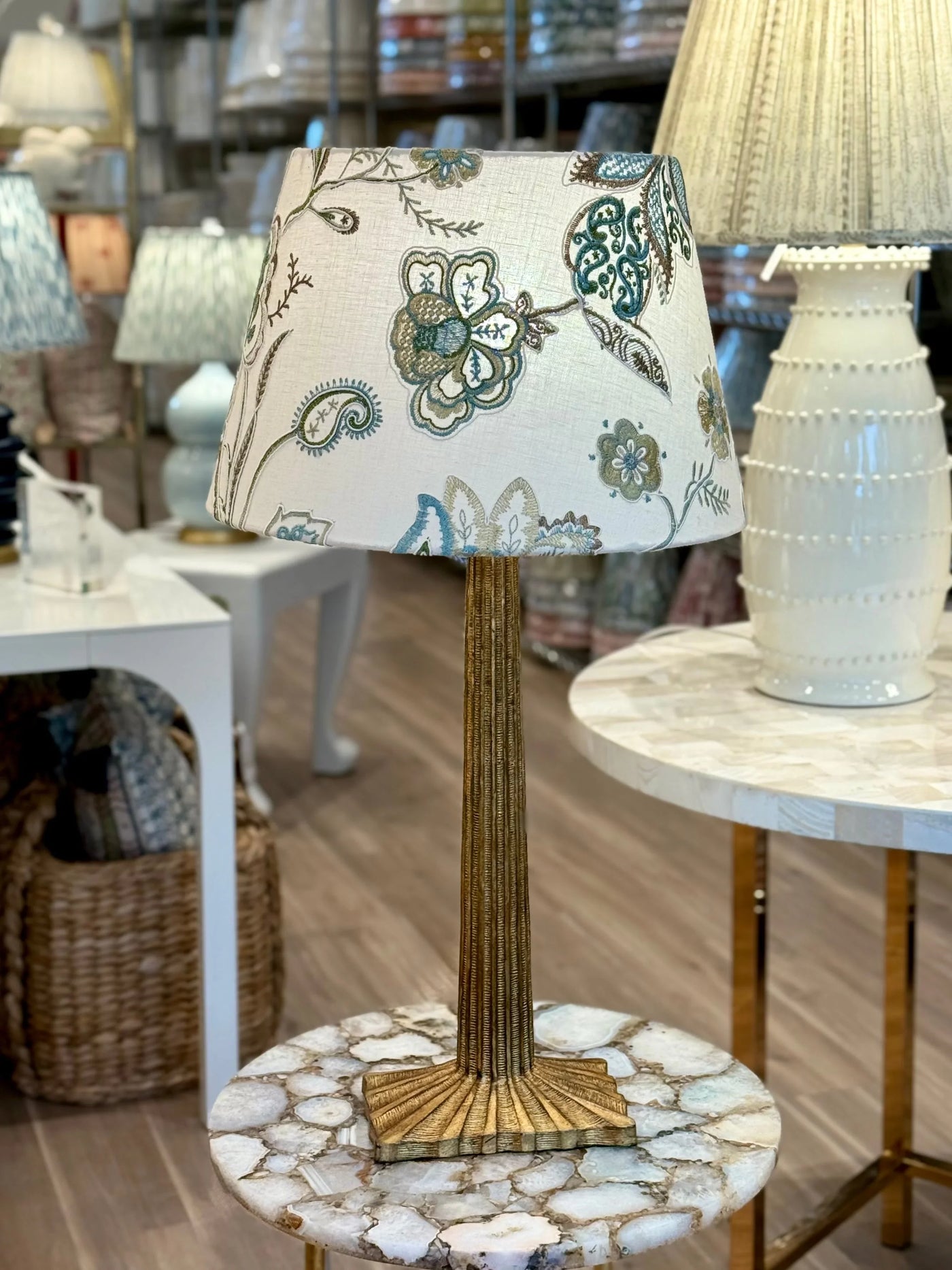 Ian Sanderson Chalk Hill Blue Shiraz Embroidered White Lampshade on Strie Fluted Column Table Lamp