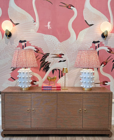 Ian Sanderson Coral Dulcie Lampshade on white linden table lamp