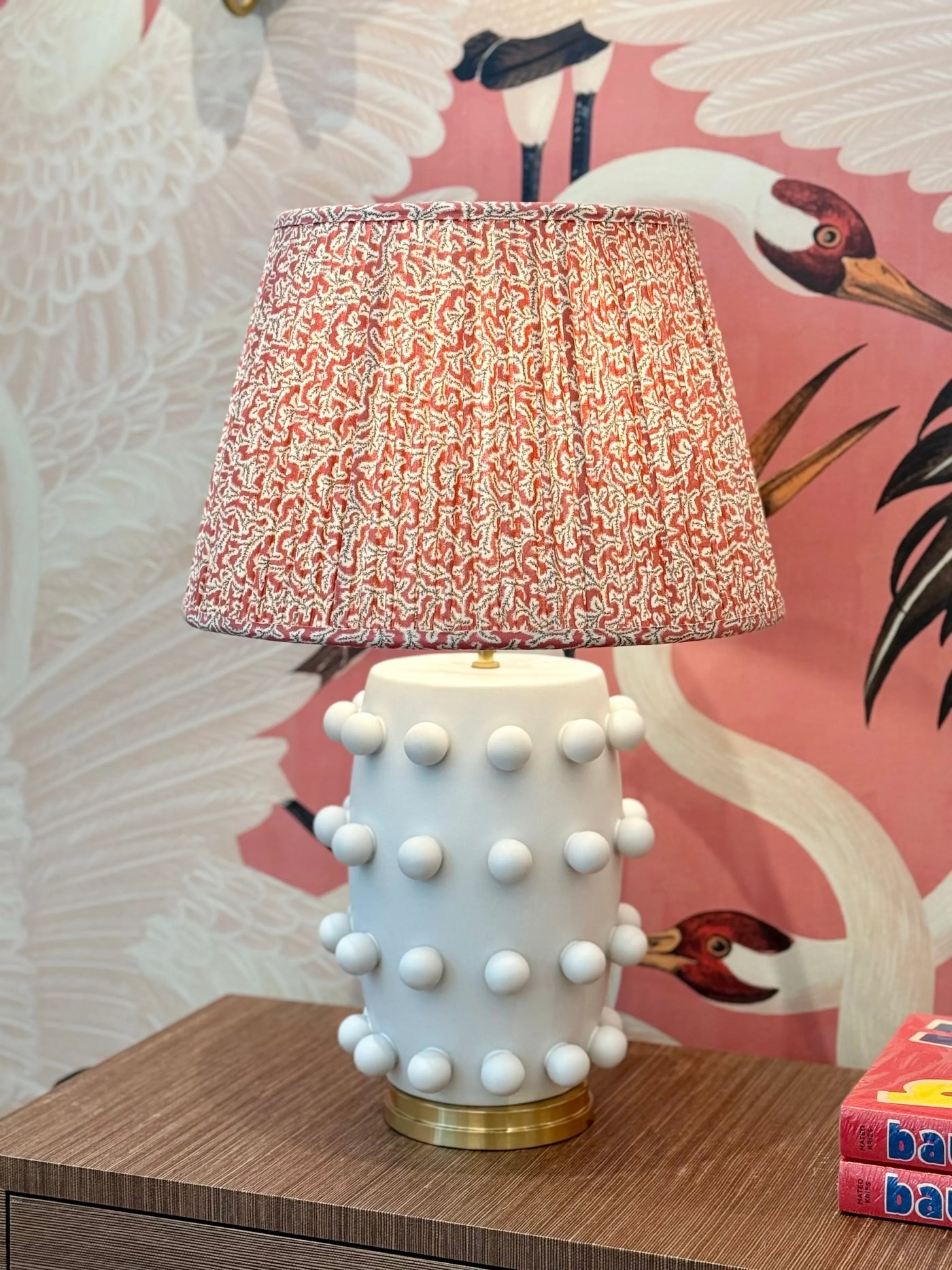 Ian Sanderson Coral Dulcie Lampshade On white linden table lamp