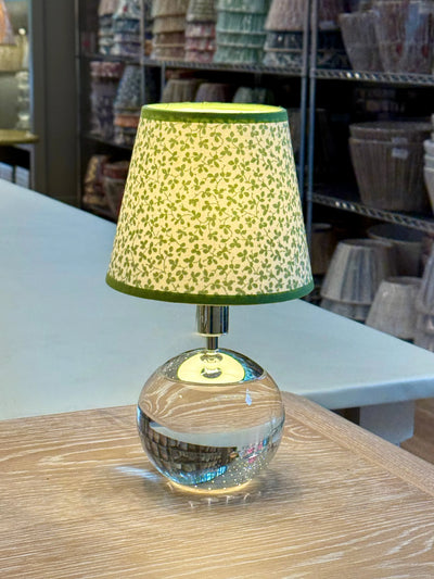 Ian Sanderson Green Leaf Miss Polly Lampshade with Green Olive Trim on tiny crystal lamp