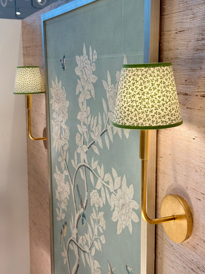 Ian Sanderson Green Leaf Miss Polly Lampshade with Green Olive Trim on gold sconce 