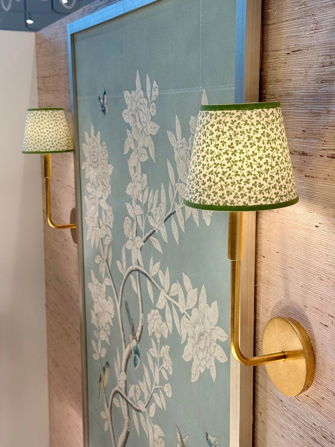 Ian Sanderson Green Leaf Miss Polly Lampshade with Green Olive Trim on gold sconce 