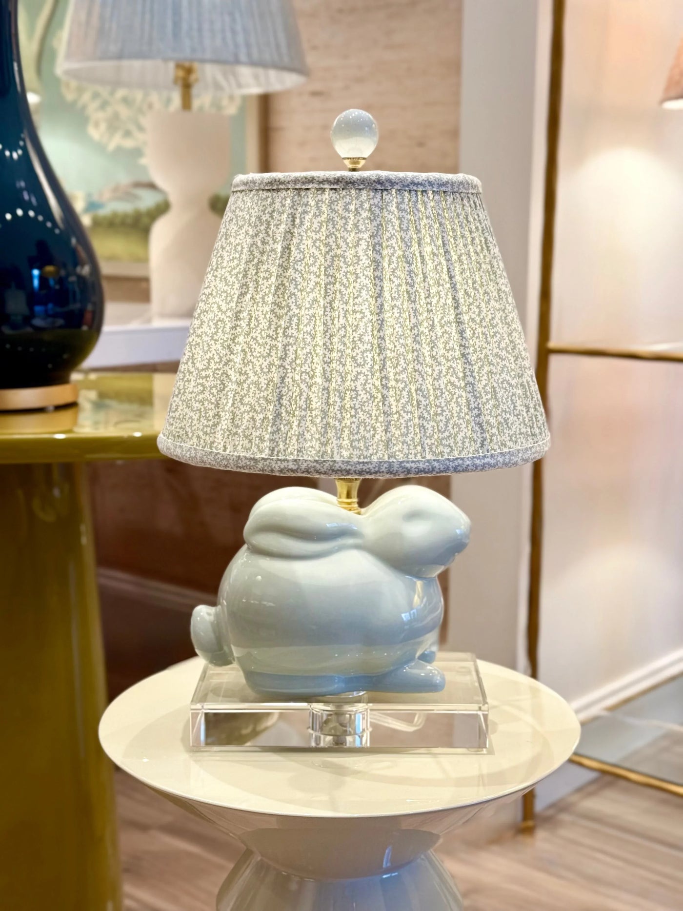 Ian Sanderson Mist Petra Lampshade on blue bunny table lamp