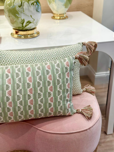 Ian Sanderson Olmo in Green Culpeper and Nettie in Green Lettuce Cushion with Green Tassels pair on pink bench 