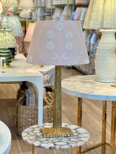 Ian Sanderson Persian Daisy White Embroidered Ballet Pink Linen Lampshade on strie fluted table lamp