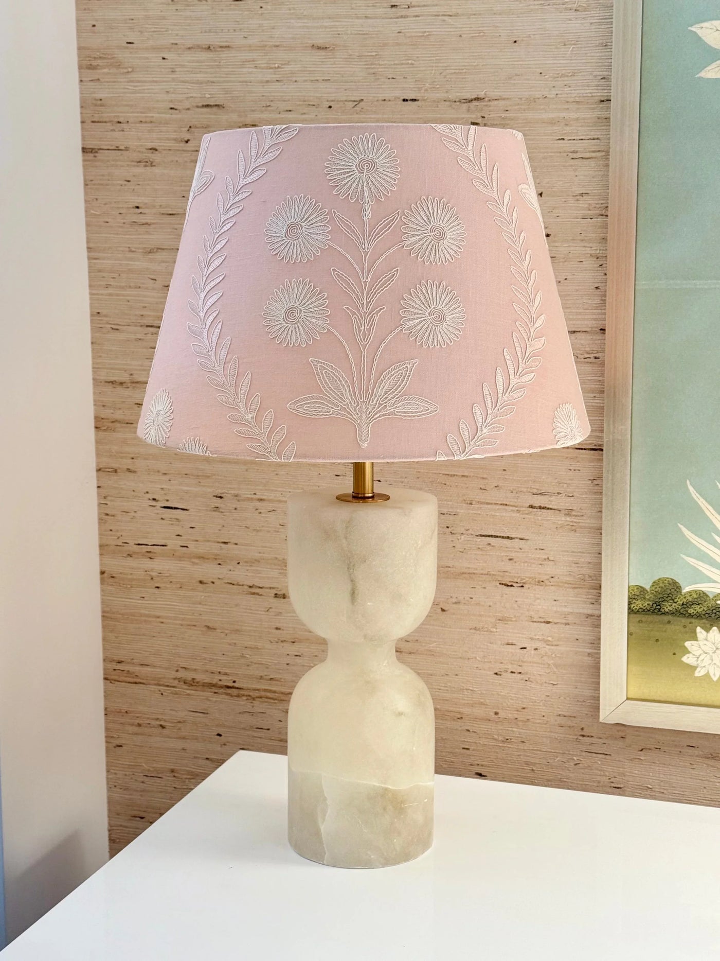 Ian Sanderson Persian Daisy White Embroidered Ballet Pink Linen Lampshade on Alabaster Joan table lamp