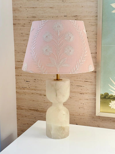 Ian Sanderson Persian Daisy White Embroidered Ballet Pink Linen Lampshade on Alabaster Joan table lamp