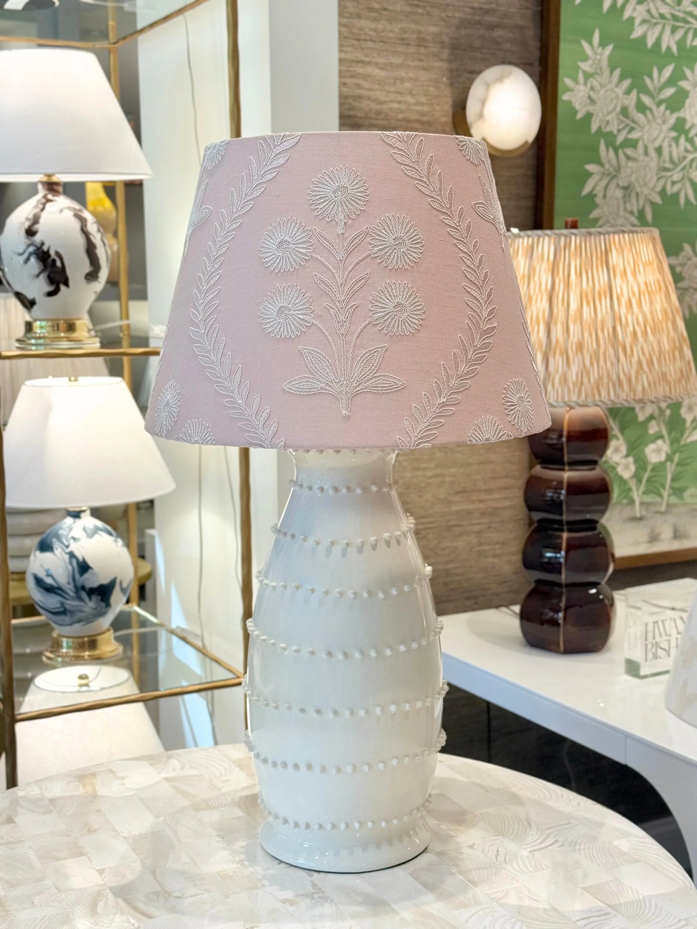 Ian Sanderson Persian Daisy White Embroidered Ballet Pink Linen Lampshade on white Spizy