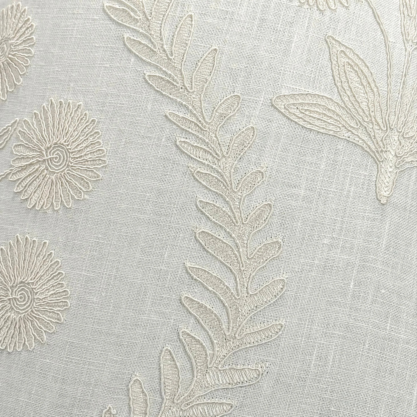 Ian Sanderson Persian Daisy White Embroidered White Lampshade Close Up Fabric