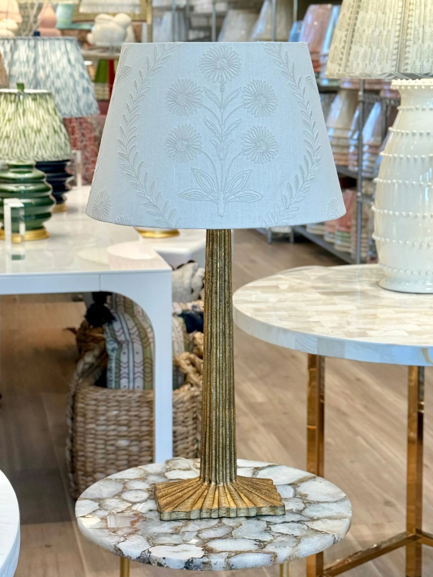 Ian Sanderson Persian Daisy White Embroidered White Lampshade on strie fluted table lamp
