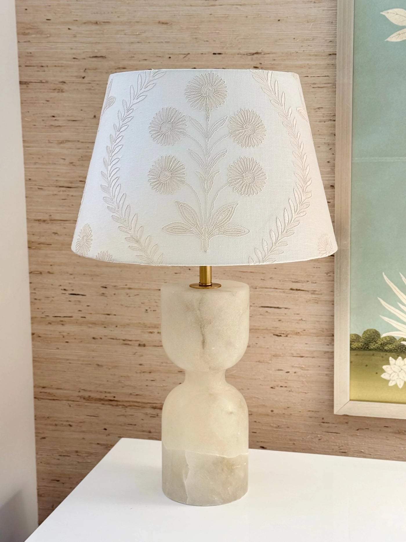 Ian Sanderson Persian Daisy White Embroidered White Lampshade Alabaster Joan lamp