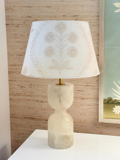 Ian Sanderson Persian Daisy White Embroidered White Lampshade Alabaster Joan lamp