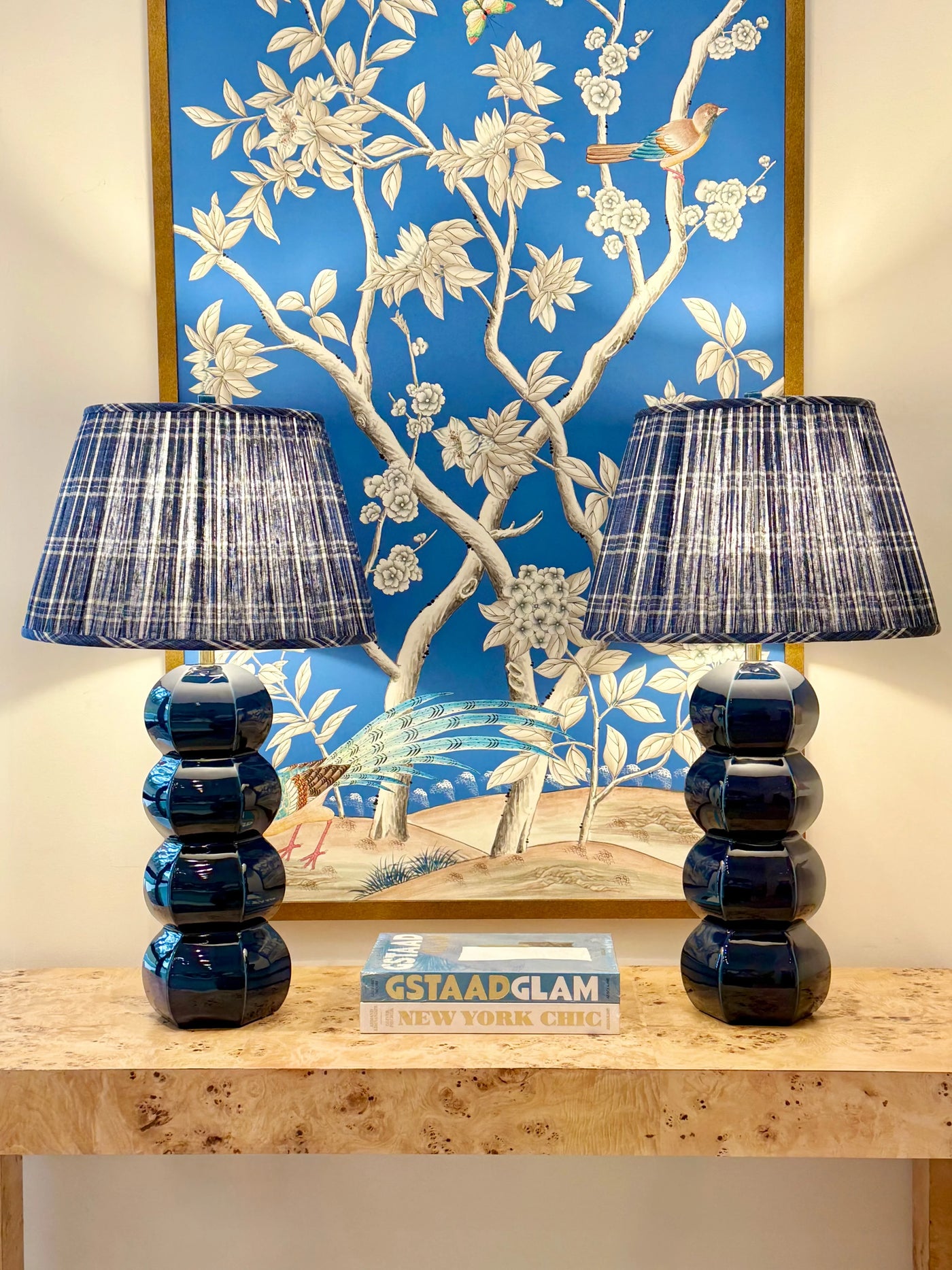 Ian Sanderson Peverell Check Blue Lampshade on Hwang Bishop Barnacle Table Lamp in Navy