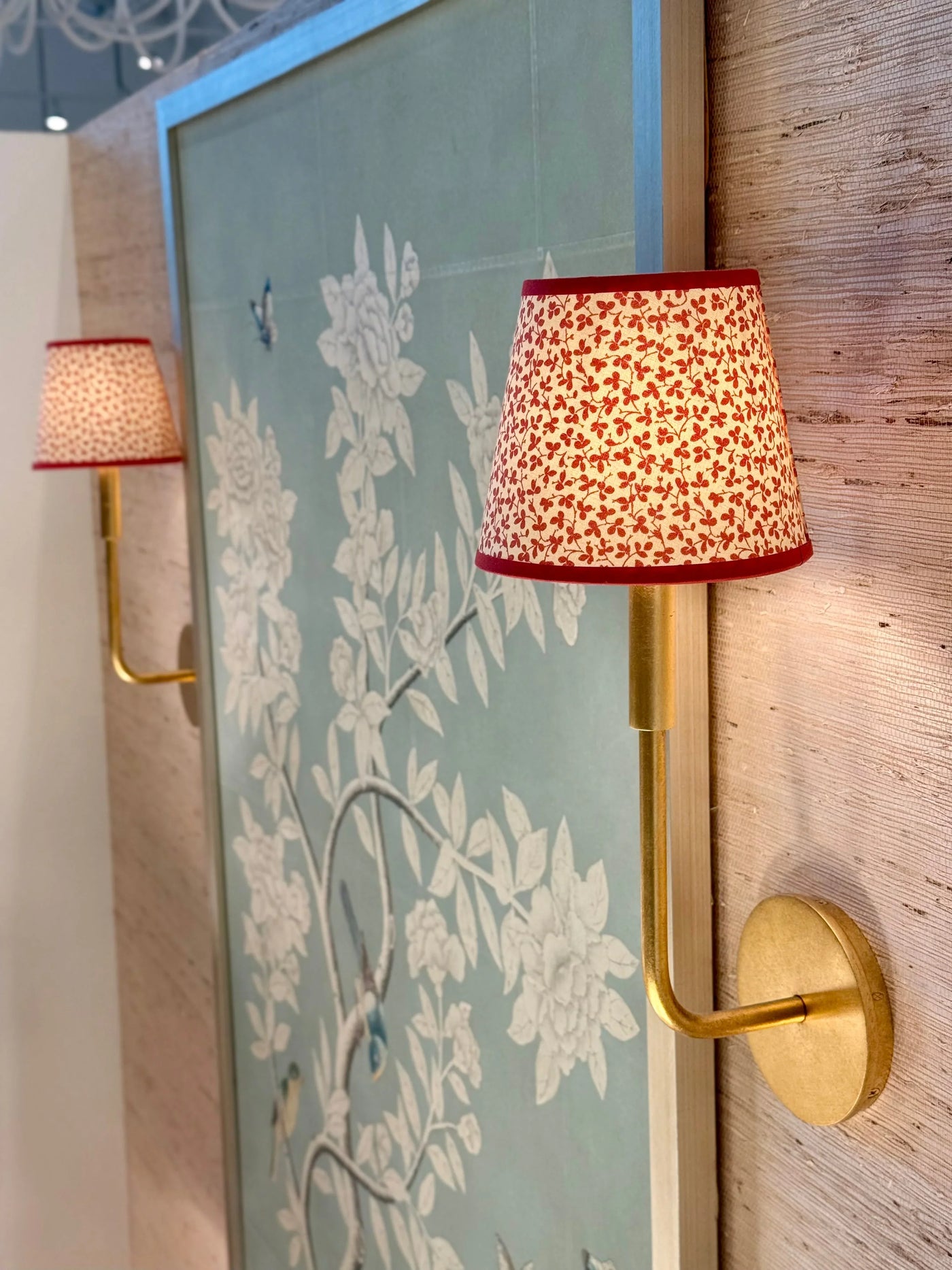 Ian Sanderson Red Persimmon Miss Polly Lampshade with Red Brick Trim on gold sconce