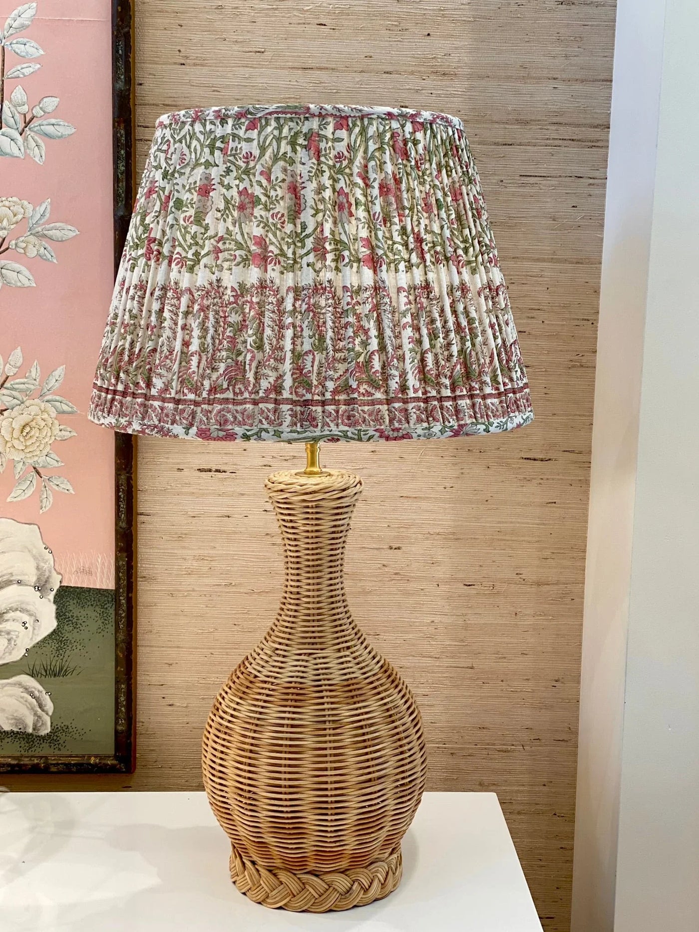 Ian Sanderson lampshade and rattan lamp