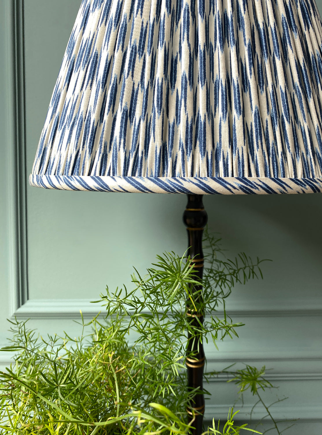 Ian Sanderson blue and white lampshade on lamp