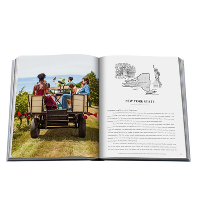Open book showing a photo of people in a wagon and text about New York State.