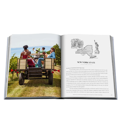Open book showing a photo of people in a wagon and text about New York State.