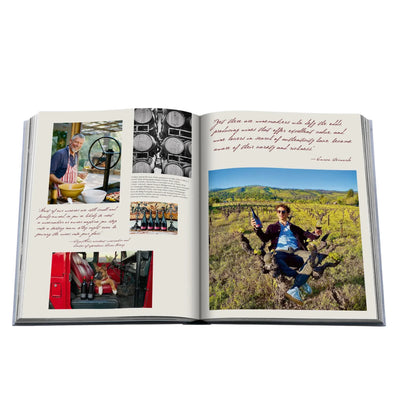 Open book showing images of a vineyard and people, with text on a white background