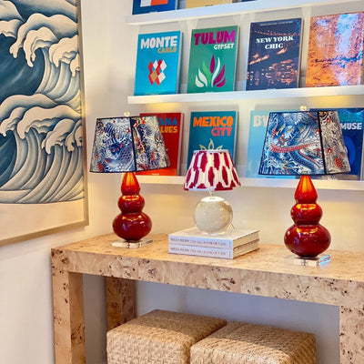 Red lamps and wallpaper lampshades