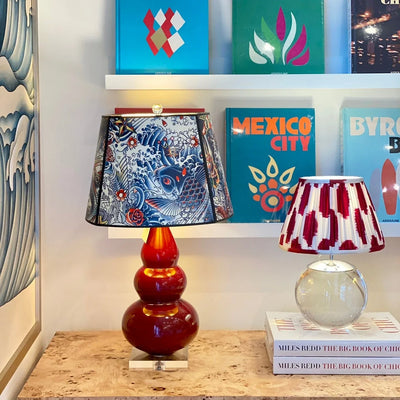 red lamp and wallpaper lampshade