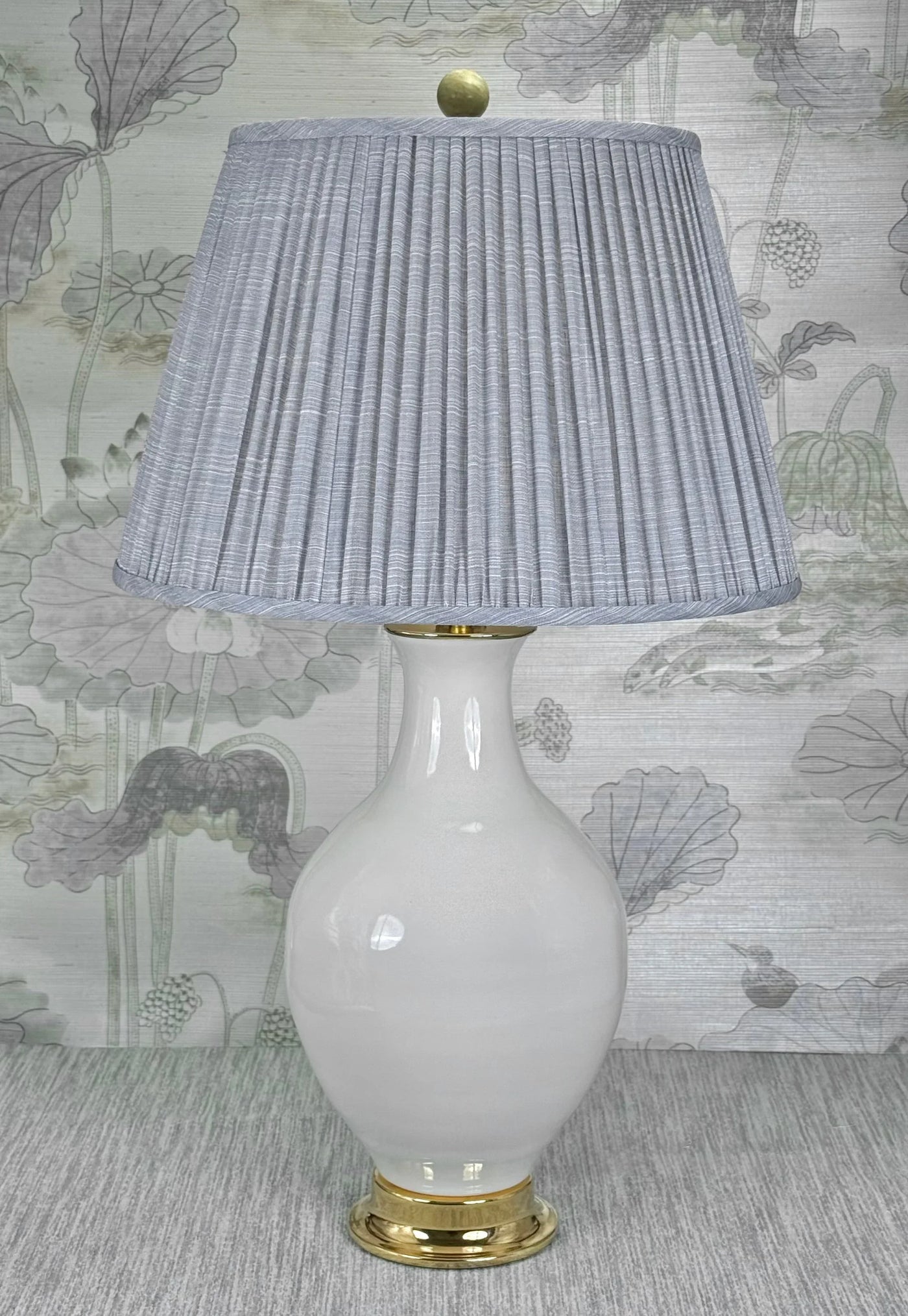 Jade Ball lamp finial styled with a Fermoie strie lampshade on a Paul Schneider Athens ceramic lamp.