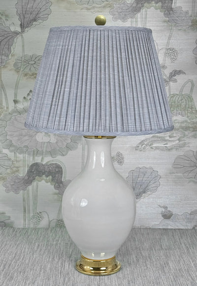Jade Ball lamp finial styled with a Fermoie strie lampshade on a Paul Schneider Athens ceramic lamp.