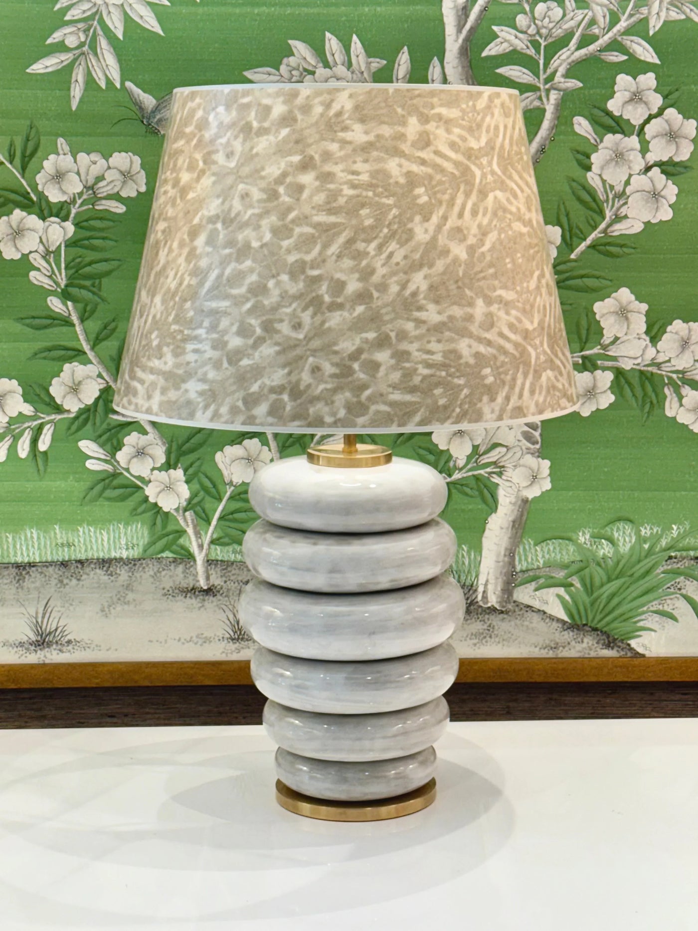 Jim Thompson - Bone Tortoiseshell Wallpaper Lampshade on Phoebe Stacked table lamp