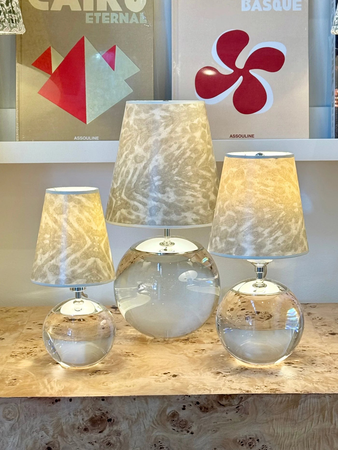 Jim Thompson - Bone Tortoiseshell Wallpaper Lampshade on tiny terri round lamps