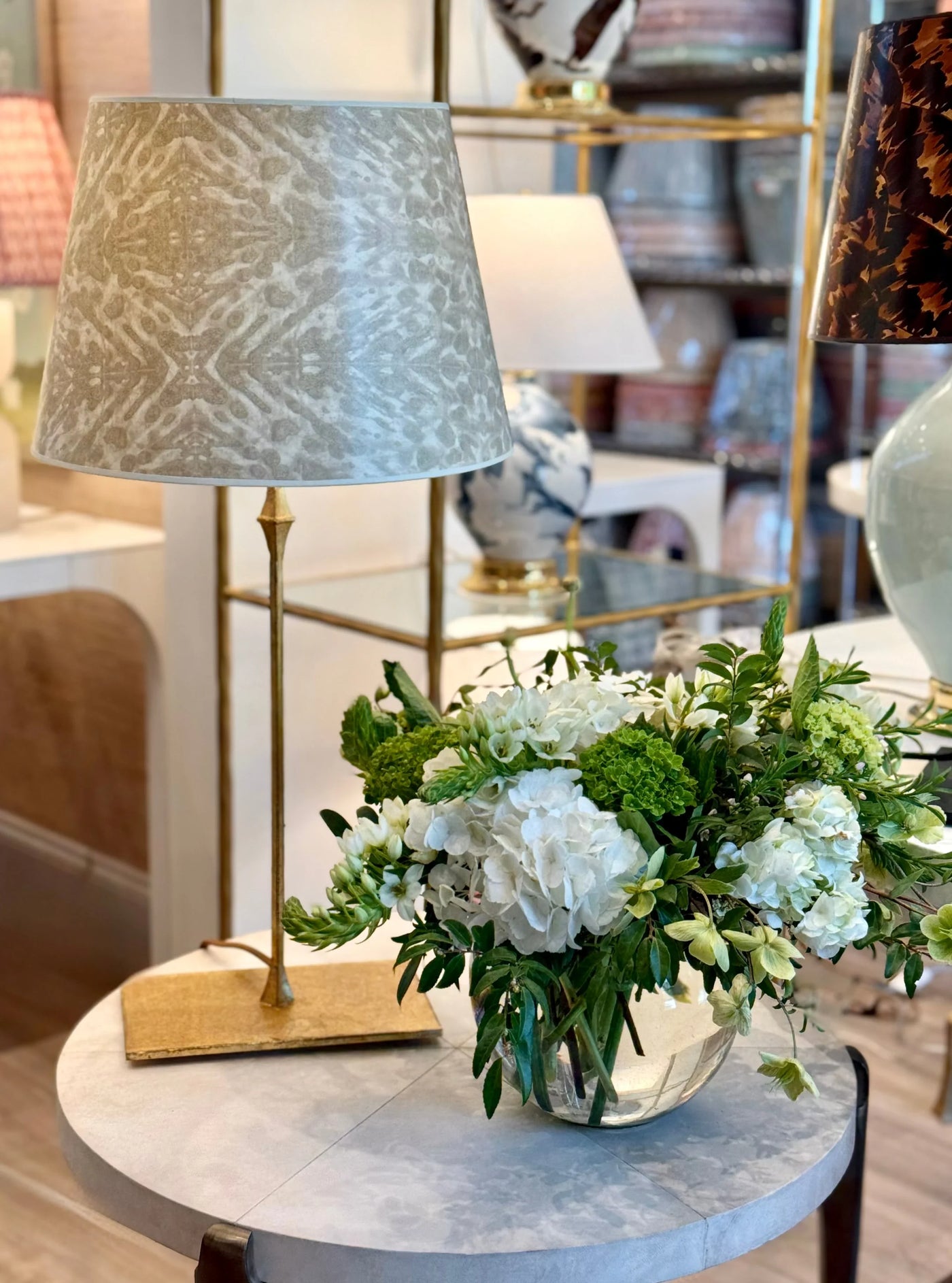 Jim Thompson - Bone Tortoiseshell Wallpaper Lampshade on dauphine table lamp