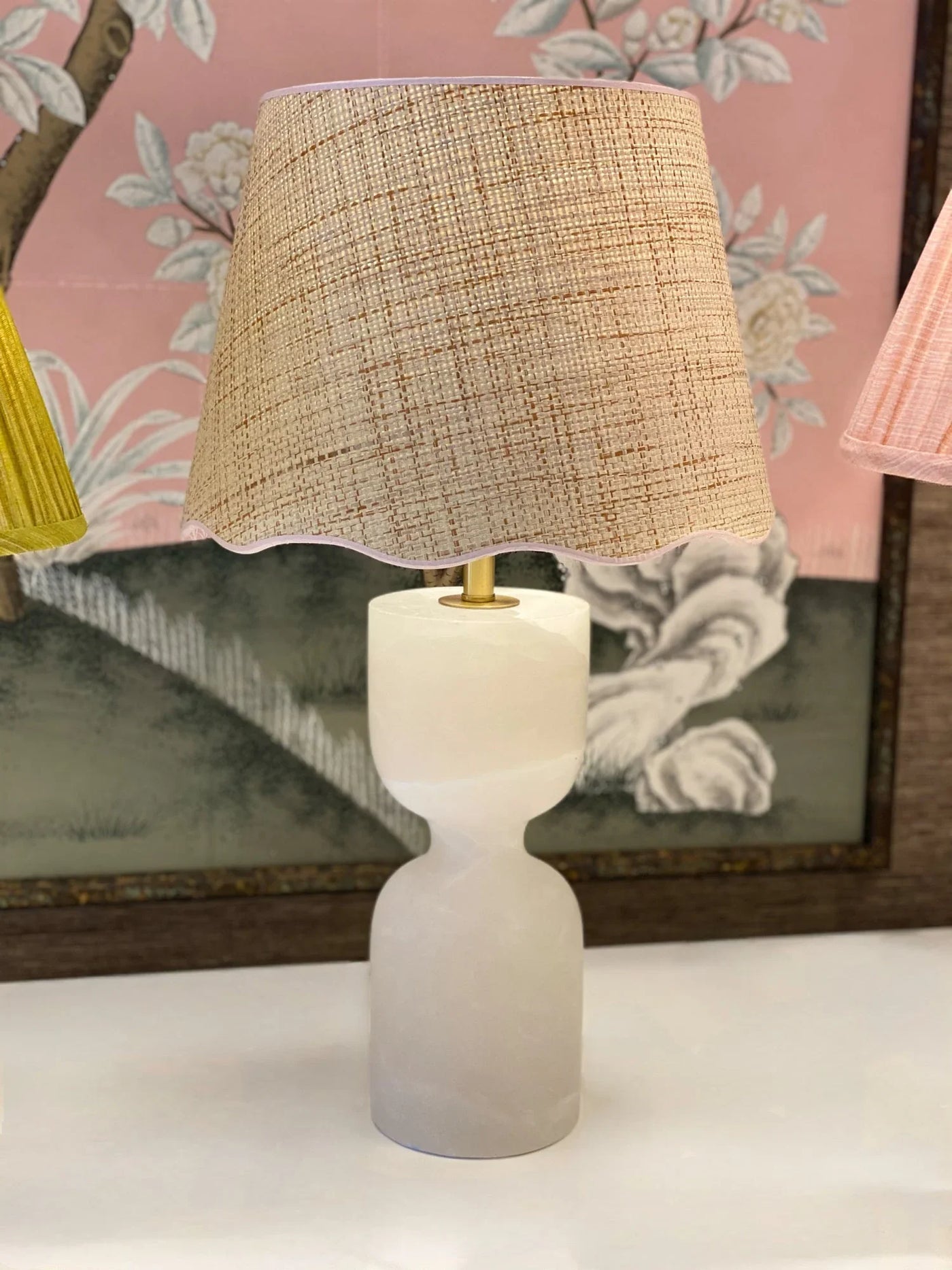 Alabaster lamp and scalloped raffia lampshade