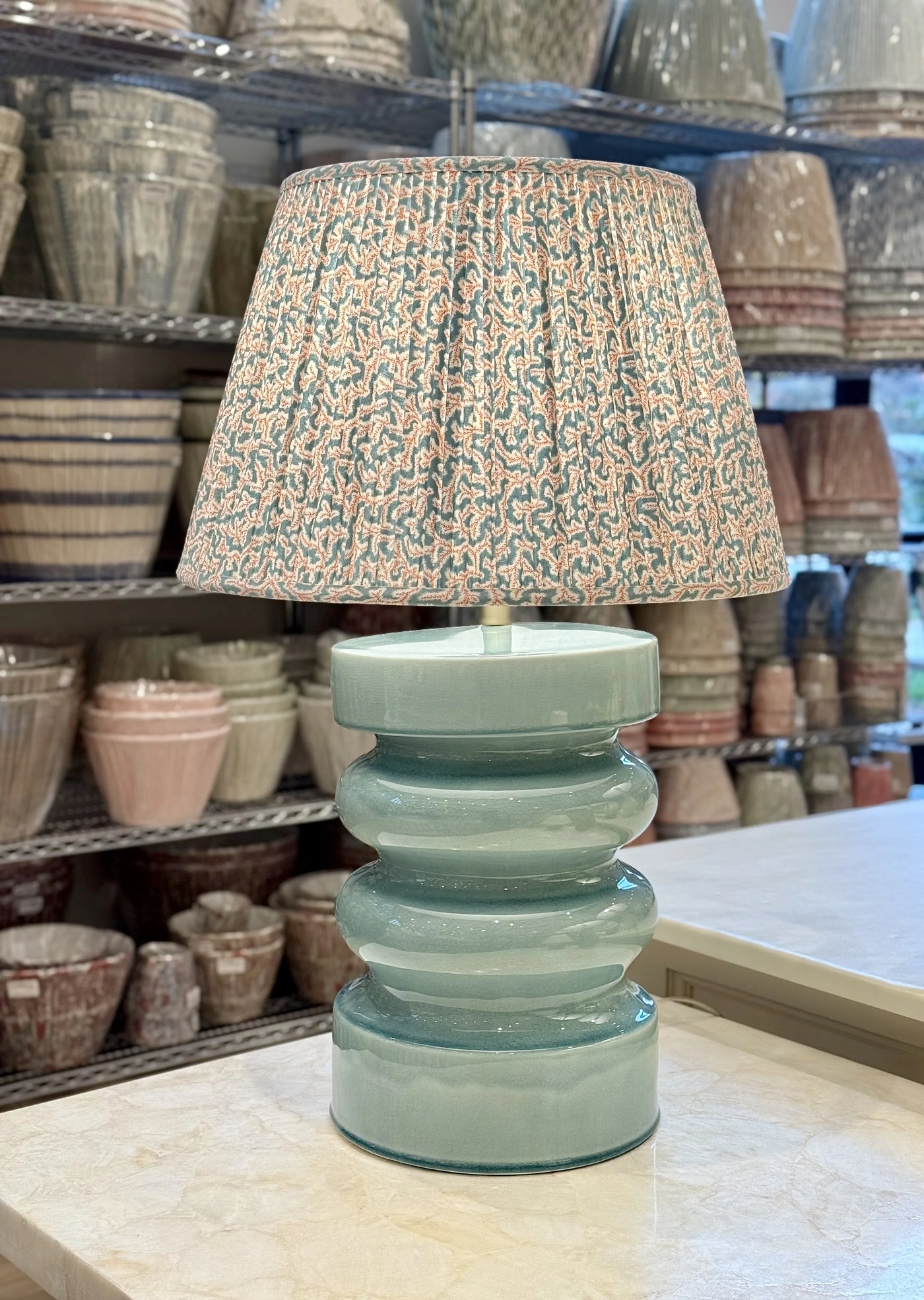 Katrina Ceramic Table Lamp in Celadon paired with Ian Sanderson Turquoise and Orange Ravenna Dulcie Lampshade