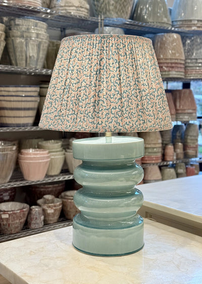 Katrina Ceramic Table Lamp in Celadon paired with Ian Sanderson Turquoise and Orange Ravenna Dulcie Lampshade