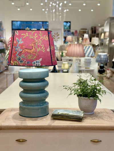 Katrina Ceramic Table Lamp in Celadon paired with Kit Kemp - Knight's Tale in Fuchsia Wallpaper Lampshade