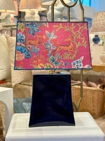 Kit Kemp - Knight's Tale in Fuchsia Wallpaper Rectangle Lampshade on blue rectangle lamp