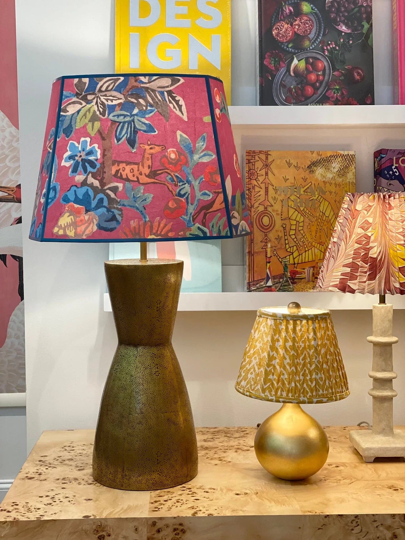 Kit Kemp pink lampshade on a brass lamp