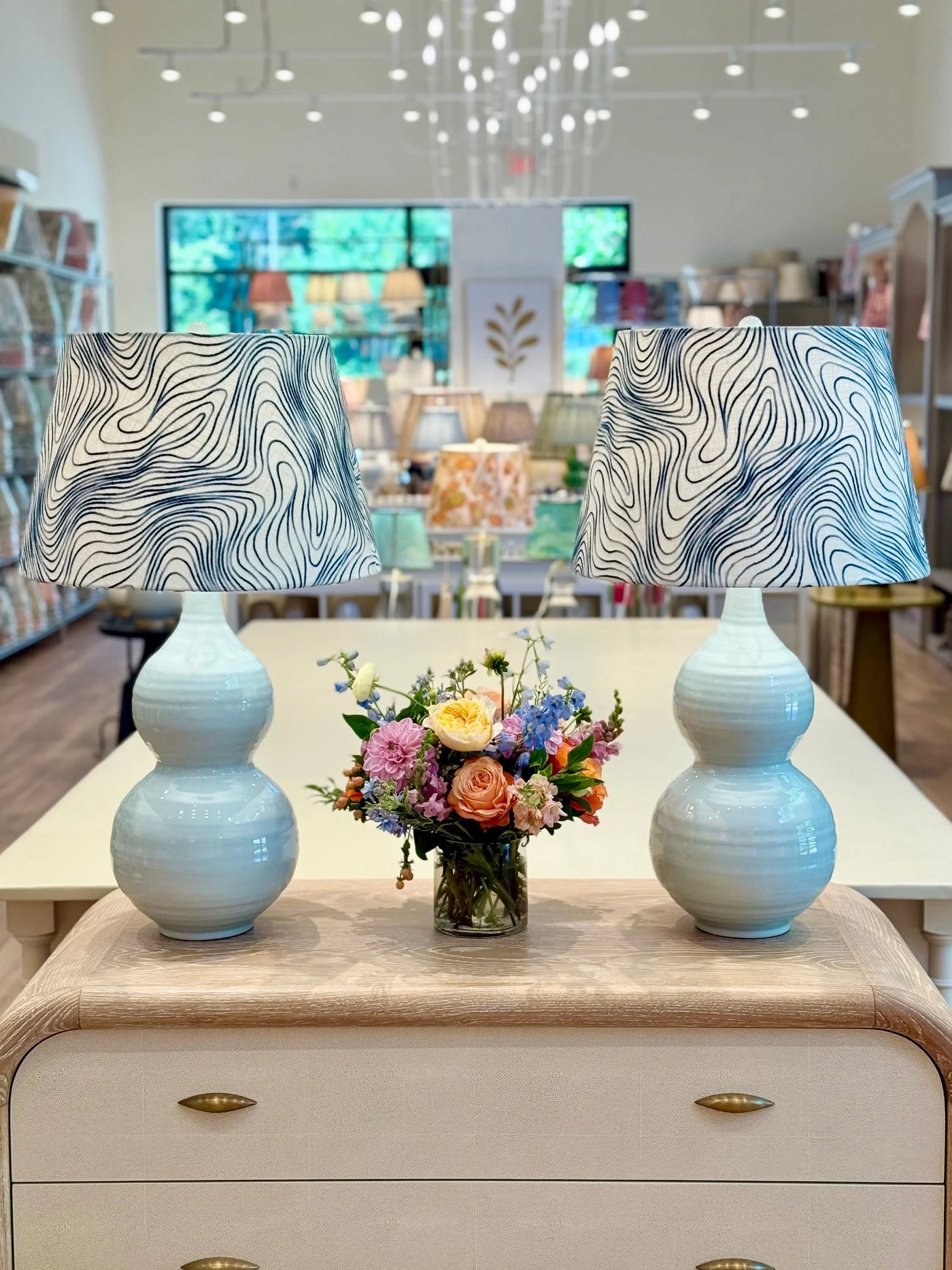 Lacey Ceramic Table Lamp in Ice Blue with fabricut blue embroidered lampshades